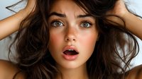 Young brunette woman with surprised expression touching her messy hair with both hands against white background for beauty and lifestyle concepts.