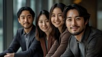 Four diverse Asian business professionals smiling confidently in modern office setting. Team collaboration and corporate success concept for workplace presentations.