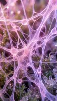 Abstract neural network connections with glowing pink and purple synapses forming intricate web patterns for medical education and neuroscience research.