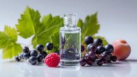 Glass bottle of essential oil with fresh grapes, raspberry, peach and green leaves on light background, natural organic skincare ingredients.