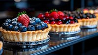 Fresh berry tarts with blueberries, strawberries and cream filling arranged on dark surface with selective focus and natural lighting. Delicious dessert display.