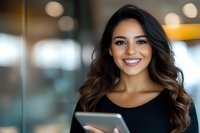 Young Hispanic businesswoman with wavy brown hair and bright smile holding digital tablet in modern office setting with blurred bokeh background.