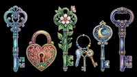 Ornate vintage keys and heart-shaped lock isolated on transparent background, ready for t-shirt design, clipart, stickers, sublimation and print-on-demand projects.