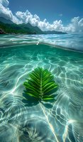 Split view of tropical waters with palm leaf floating on crystal clear turquoise surface, mountain landscape and dramatic clouds above, sunlight creating patterns underwater.