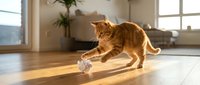 Ginger tabby cat playing with transparent toy ball on wooden floor in bright sunlit living room interior space.