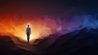Silhouette of person walking towards bright light in mountain landscape with geometric low poly style background and dramatic sunset colors.