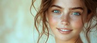 Young Caucasian woman with bright blue eyes, freckles and natural wavy brown hair smiling warmly at camera in soft natural lighting. Close-up portrait with bokeh background.