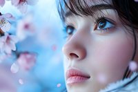 Young Asian woman with blue eyes gazing upward amid delicate cherry blossoms against soft blue background, creating dreamy spring portrait with natural makeup and gentle expression.