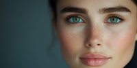 Young Caucasian woman with bright turquoise eyes, natural freckles, and defined eyebrows in close-up portrait against dark background. Minimal makeup beauty concept.