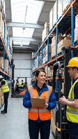 Warehouse workers in safety vests discussing logistics operations in modern distribution center with shelving systems and forklift equipment.