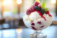 Creamy vanilla ice cream sundae topped with fresh raspberries, blackberries, mint leaves and berry sauce in elegant glass bowl against soft bokeh background.