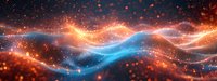 Abstract cosmic energy waves with glowing particles and light streaks in orange and blue colors creating dynamic flowing motion against dark space background.