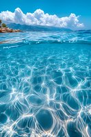 Crystal clear turquoise water with sunlight creating ripple patterns beneath surface, mountains and white clouds visible above waterline in Mediterranean sea.