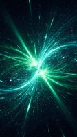 Green energy burst with radiant light beams exploding from center against starry space background for sci-fi and technology concepts.