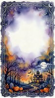 Watercolor Halloween card with haunted house, pumpkins, bats, moon, and spooky graveyard scene framed by ornate border with copy space.