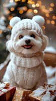 Adorable Maltese dog wearing white knitted winter hat with ears and sweater, surrounded by snow and Christmas presents against warm bokeh lights background.