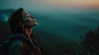 Young woman with dreadlocks looking up peacefully at sunset sky in nature, meditation and mindfulness concept for wellness and spiritual growth.