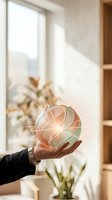 Hands holding glowing geometric sphere with light rays in modern interior space with window and plants, representing innovation, technology, energy, and future concepts for business and design projects.