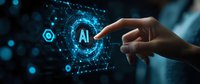 Female hand touching glowing AI symbol with futuristic network connections and digital interface elements in blue technological background. Concept for artificial intelligence.