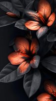 Dramatic coral-colored tropical flowers against dark moody foliage create striking contrast. Delicate petals and stamens showcase nature's intricate details in low light.