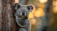 Adorable koala bear clinging to eucalyptus tree trunk at sunset with golden bokeh background, close up portrait of Australian marsupial showing distinctive facial features.