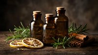 Amber glass bottles with cork stoppers, dried lemon slices, cinnamon sticks, and rosemary on a rustic wooden surface. Aromatherapy concept.