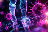 Glowing digital visualization of virus particles in pink and purple tones with luminescent human figure walking through microscopic environment.