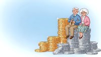 Senior couple sitting on stacks of coins representing retirement savings and financial planning for elderly people.
