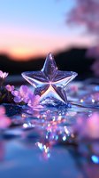 Crystal star decoration with delicate pink cherry blossoms reflecting in water against sunset sky, creating magical atmosphere with sparkling bokeh lights.