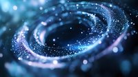 Swirling cosmic particles create magical spiral pattern in deep blue and purple space background with glowing bokeh lights and sparkling stardust effect.