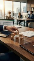 Business professional arranging wooden blocks with real estate and financial symbols on office desk during team meeting for investment planning concepts.