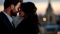 Romantic silhouette of young couple touching foreheads at sunset, with blurred church spire and city lights creating dreamy atmosphere. Wedding photography concept.