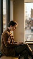 Young professional man working on laptop by large window in modern office space with warm natural lighting and urban city view background.