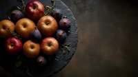 Fresh organic apples and plums arranged on dark slate board with rosemary herbs, rustic autumn harvest composition for healthy eating and cooking concepts.