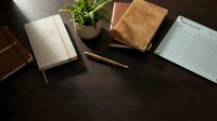 Business planning workspace with notebooks, pen and plant on dark wooden desk for productivity and organization goals.