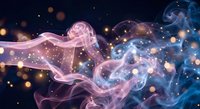 Ethereal flowing smoke ribbons in pink and blue hues with golden bokeh lights creating magical atmosphere against dark background for creative projects.