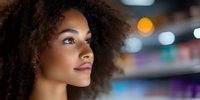 Young African American woman with natural curly afro hair gazing upward with confident expression against blurred bokeh background in evening light.