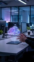 Businessman hand reaching for glowing purple cloud hologram above tablet in modern office workspace representing cloud computing and digital transformation.