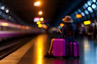 Young Asian woman sitting on pink luggage at train station platform at night, checking smartphone while waiting, illuminated by ambient city lights and bokeh.