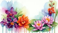 Watercolor floral arrangement with vibrant purple orchids, orange peonies and pink lotus flowers on white background for spring design projects.