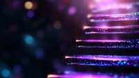 Glowing purple and blue fiber optic strands with bokeh effects on dark background create futuristic technological atmosphere for digital communications concept.