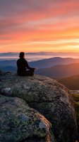 Person meditating on mountain rocks at sunrise with colorful sky and layered hills creating peaceful wellness scene for mindfulness and spiritual content.