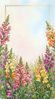 Watercolor snapdragon flowers in pink, purple, yellow and orange surround a gold rectangular frame with copy space.
