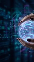 Hands holding glowing digital sphere with technology icons and circuit patterns, representing global connectivity, data management, and innovation in business and digital transformation.