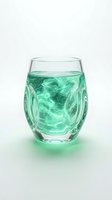Glass of refreshing mint green beverage with ice cubes on white background, suitable for beverage, wellness, hydration and drink advertising campaigns.