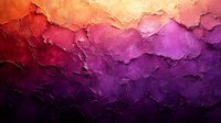 Abstract textured background with vibrant gradient from fiery orange to deep purple, featuring dramatic impasto technique and layered paint effects for modern wall decor.