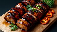 Succulent glazed pork belly slices with crispy caramelized exterior, garnished with fresh herbs and chili peppers, served on wooden cutting board.