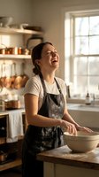 Happy young woman potter laughing while working with clay bowl in rustic ceramic studio workshop with natural lighting and wooden shelves.
