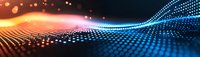 Abstract glowing wave pattern with orange and blue gradient dots forming dynamic flowing lines against dark background, modern technology concept.