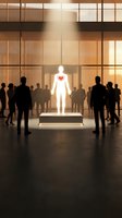 Glowing human figure with red heart stands on platform surrounded by silhouetted crowd in modern glass building lobby with warm lighting atmosphere.